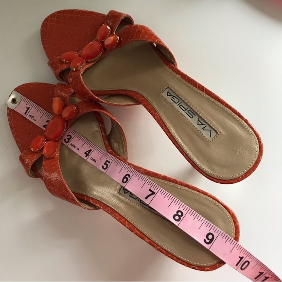 VIA SPIGA Women's Orange  Leather Slip On Heeled Sandals Crystal Embedded Sz 7 - Picture 12 of 15